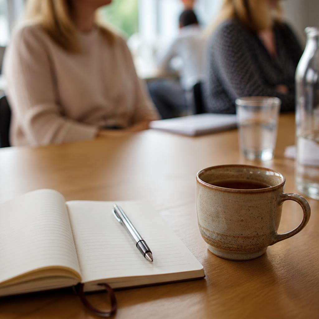 Open notebook and a mug at a parenting seminar, with attendees softly out of focus