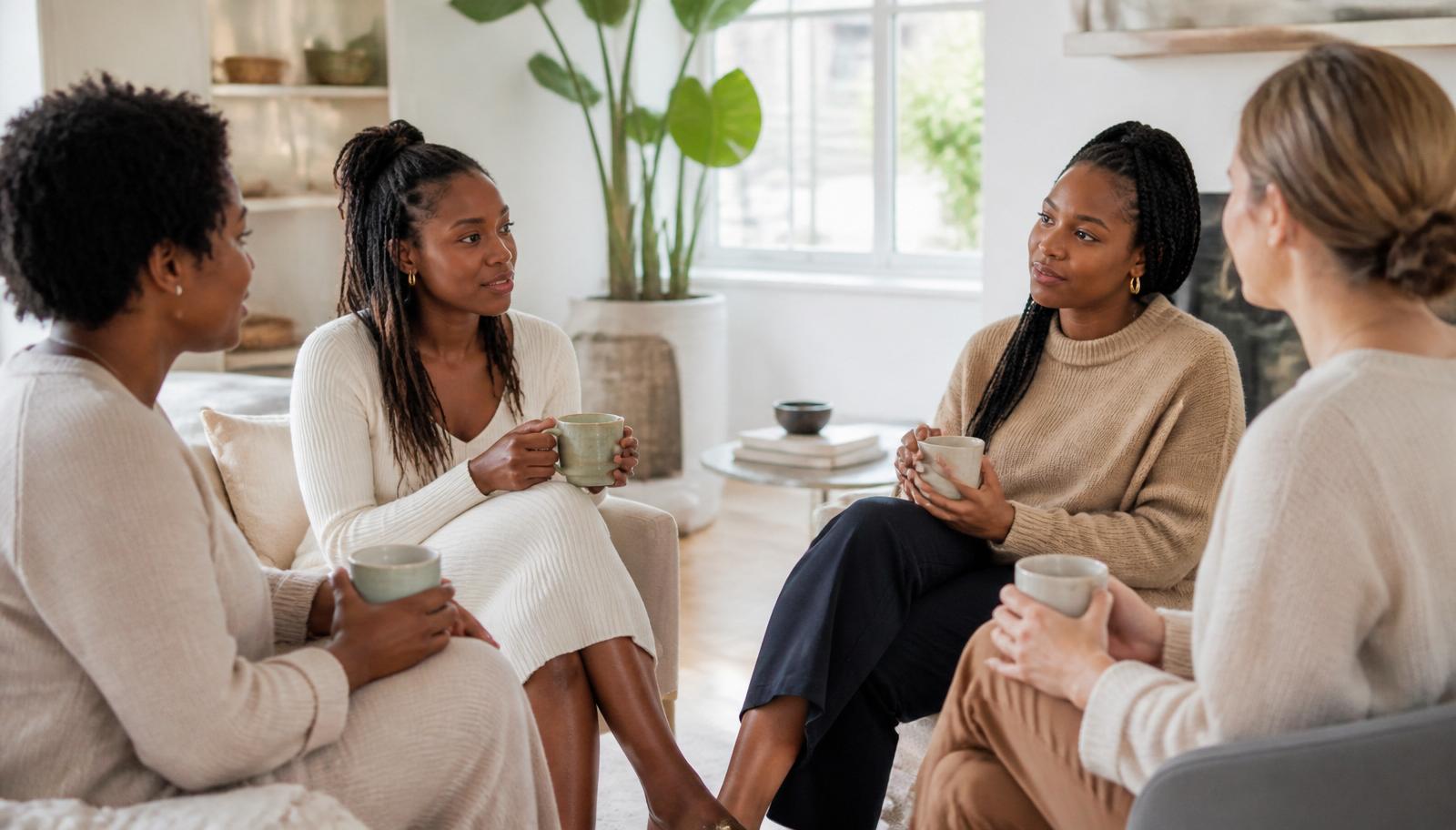 Small circle of parents sharing tea and conversation in a sunlit room